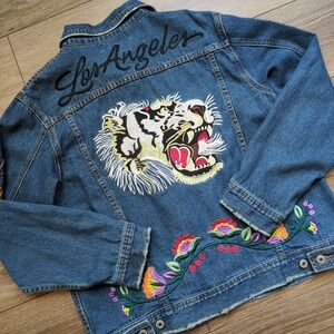 Signature Eight Denim Jean Jacket Blue Embroidered Tiger Los Angeles Bird M